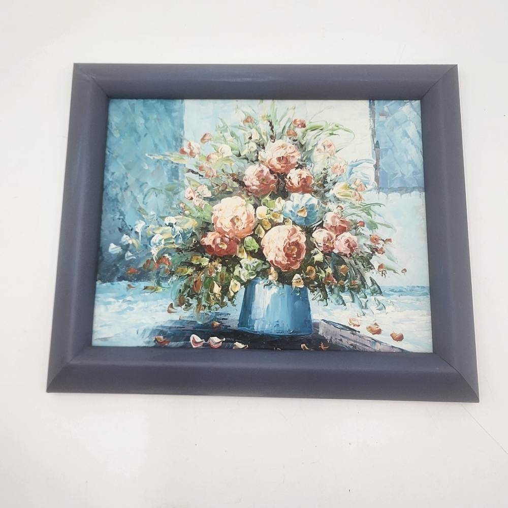 10" x 12" vintage Flower framed painting blue frame pink roses Oil On Canvas